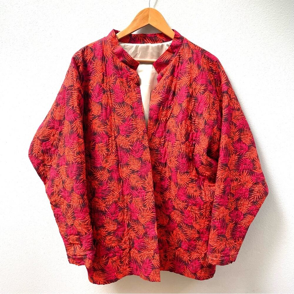 Vintage Handmade Red & Orange Palm Quilted Kantha Silk House Jacket Women's XL